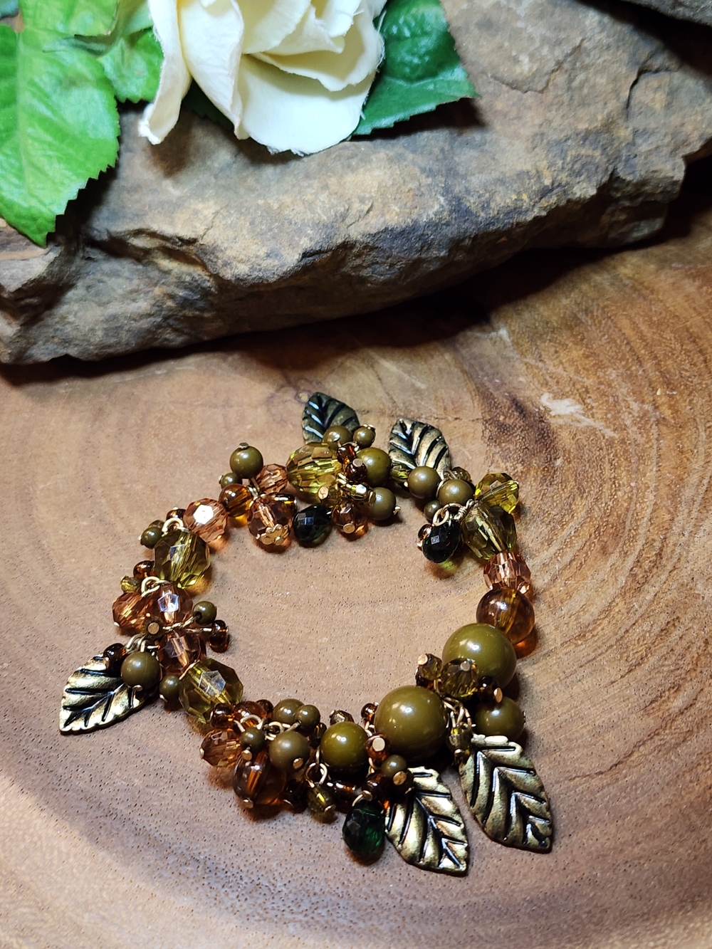 Hand Crafted Olive & Amber Colored Beaded Leaf Charm Whimsical Stretch Bracelet